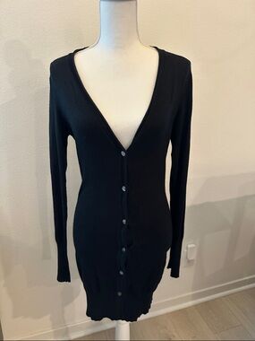 Small Sleek Black Longline Women's Cardigan - Button Front